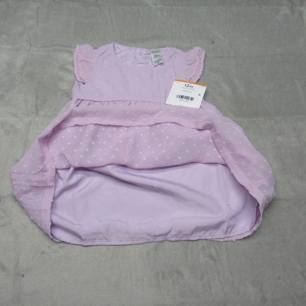 Carters Occasion Dress Baby 12M‎ Pink Swiss Dot Flutter Sleeves Skirt Liner NWT